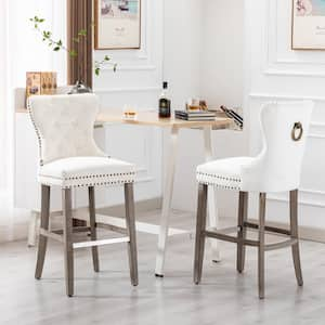 Harper 29 in. Cream Velvet Tufted Wingback Kitchen Counter Bar Stool with Solid Wood Frame in Antique Gray (Set of 2)