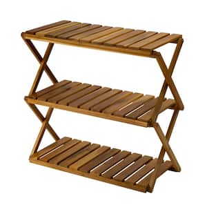 Natural Brown Acacia 3-Tiers Wooden Plants Stand Foldable Shoe Rack Multipurpose Shelf Shoe Storage Bench