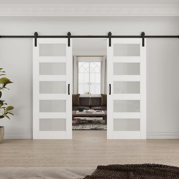 64 in. x 80 in. 5-Lite Tempered Frosted Glass White Primed MDF Sliding Barn Door with Hardware Kit (Soft Close Include)