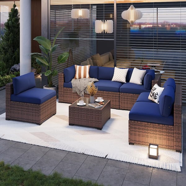 Sizzim Brown 7-Piece Wicker Rattan Outdoor Sectional Set with Blue Cushions, Coffee Table and Set Cover