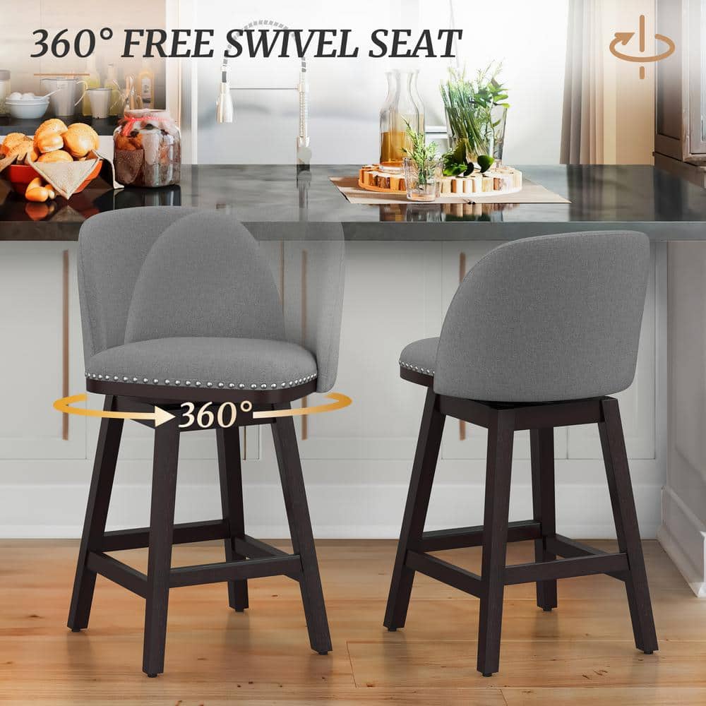 Gray Faux Leather and Wood Swivel Counter Height Bar Stools, Set of 4