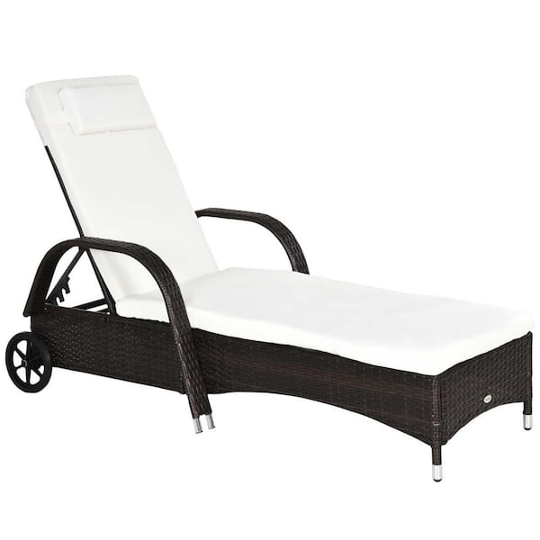 Sudzendf Wicker Brown Outdoor Chaise Lounge with Wheel, Headrest and White Cushion, 5 Level Adjustable
