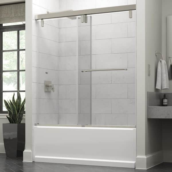 Delta Simplicity Mod 50-1/8 to 58-1/2 in. W x 59- H Soft-Close Frameless Sliding Tub Door, Nickel, Clear Glass