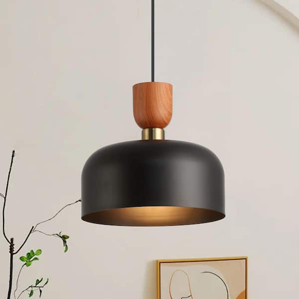 11.8 in. 1-Light Dome Pendant Light with Black Metal Shade, Industrial Adjustable Height Wood Chandelier