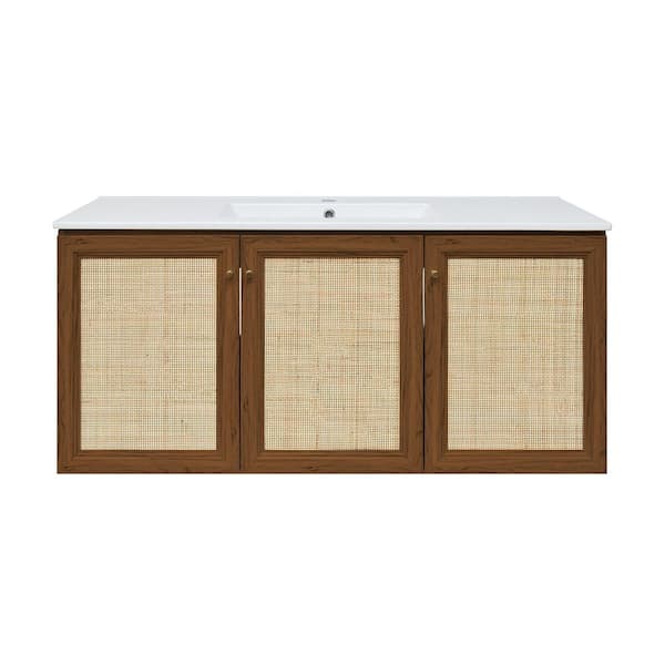Classe 48 in. Wall-Mounted Bath Vanity in Brown Oak with White Ceramic Sink Top