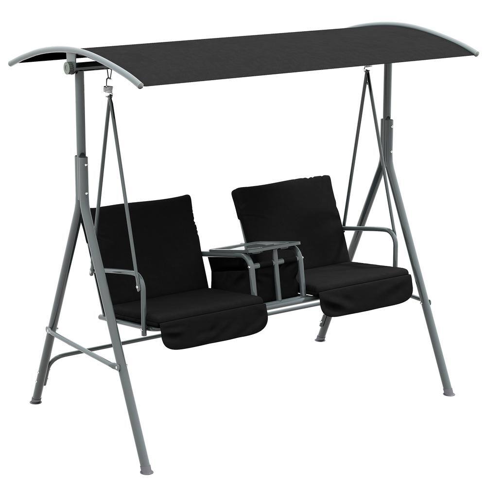 2-Person Metal Porch Swing with Stand, Outdoor Swing with Canopy, Pivot Sto
