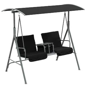 2-Person Metal Porch Swing with Stand, Outdoor Swing with Canopy, Pivot Storage Table, 2-Cup Holders, Cushions, Black