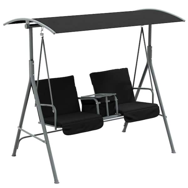 Outsunny 2-Person Metal Porch Swing with Stand, Outdoor Swing with Canopy, Pivot Storage Table, 2-Cup Holders, Cushions, Black