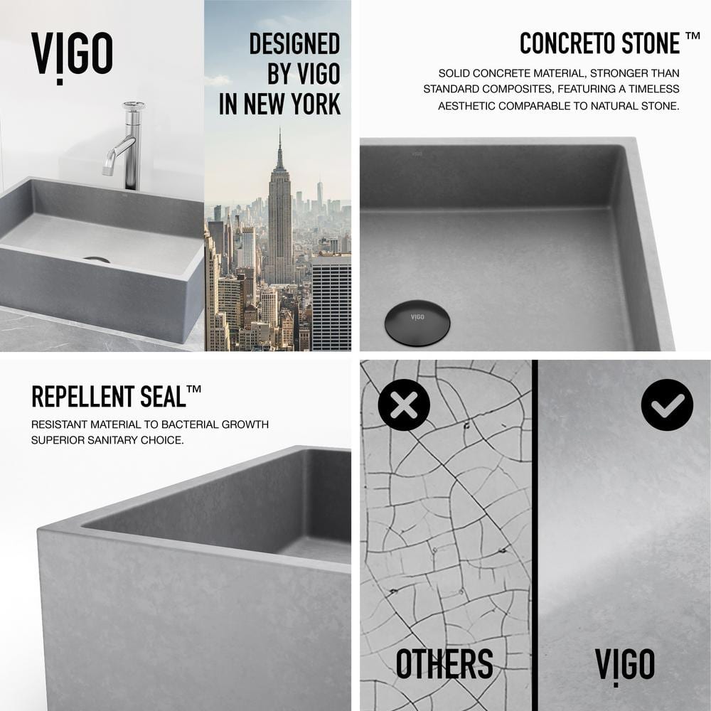 Gray Concrete Rectangular Vessel Sink with Brushed Nickel Faucet