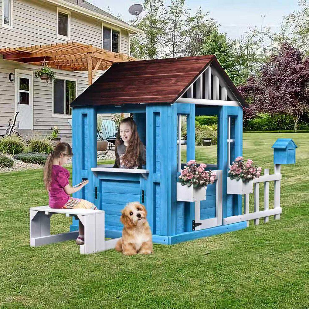 Novric Indoor Outdoor Wooden Kids Playhouse with Picnic Bench, Fence, Flowerpot Holders and Mailbox