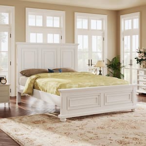 White Vintage Style Wood Frame King Size Platform Bed with Sturdy Pinewood Frame and Legs