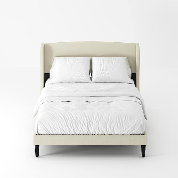 JAYDEN CREATION Eckhard Oatmeal Upholstered Wood Frame Wingback Queen Platform Bed with Tapered Legs