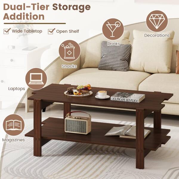 Bunpeony 45 in. Walnut Rectangle 2-Tier Slatted Wood Coffee Table