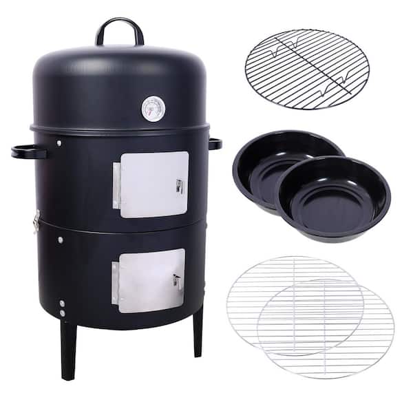 3-in-1 17 in. Round Vertical Charcoal BBQ Smoker, Charcoal Barbecue Grill in Black with 2-Cooking Grids, Thermometer
