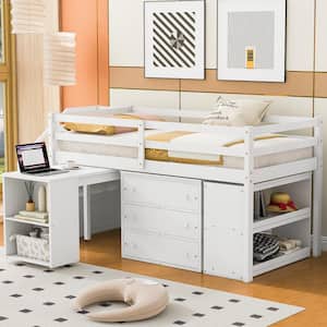 White Twin Size Wood Low Loft Bed with Movable Desk, 2 Open Compartments, 2 Shelves, 3-Drawer, Storage Stairs