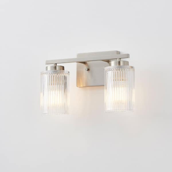 13.3 in. 2-Light Plated Brushed Nickel Vanity Light with Clear Ribbed Glass Shade