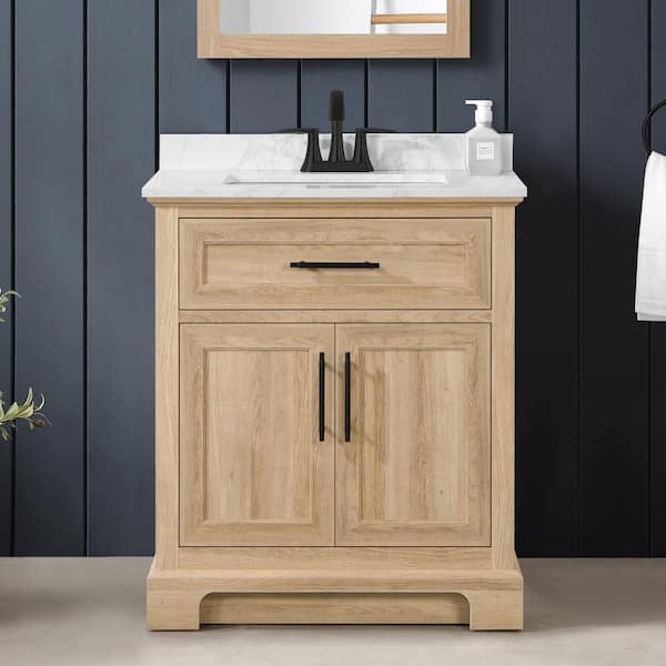 Home Decorators Collection Doveton 30 in. Single Sink Freestanding Weathered Tan Bath Vanity with White Engineered Marble Top (Assembled)