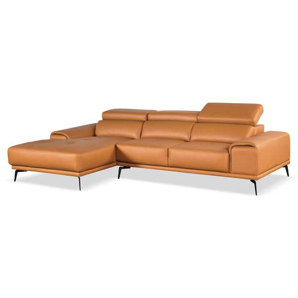 Auty 110.5 in. Padded Arms Leather L-Shaped Left-Chaise Sectional Sofa in. Tangerine with Adjustable Headrest