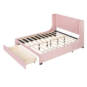 Pink Velvet Upholstered Wood Frame Queen Size Platform Bed with Storage Drawer