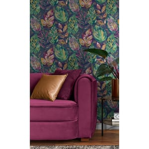 Navy & Pink Aralia Leaves Metallic Textured Botanical Wallpaper with Non-Woven Material Covered 57 Sq. ft Double Roll