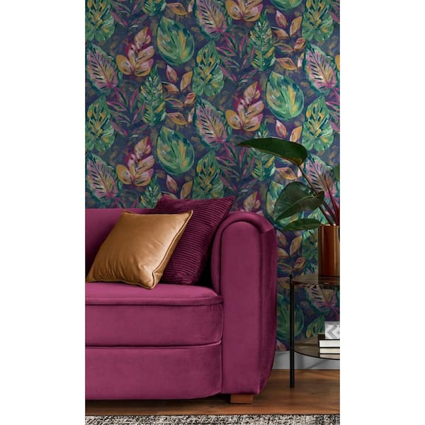 Walls Republic Navy & Pink Aralia Leaves Metallic Textured Botanical Wallpaper with Non-Woven Material Covered 57 Sq. ft Double Roll