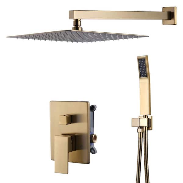 Single Handle 2-Spray Shower Faucet Set 1.8 GPM 12 in. Rain Shower Head and Handheld Spray with Valve in Bruhsed Gold
