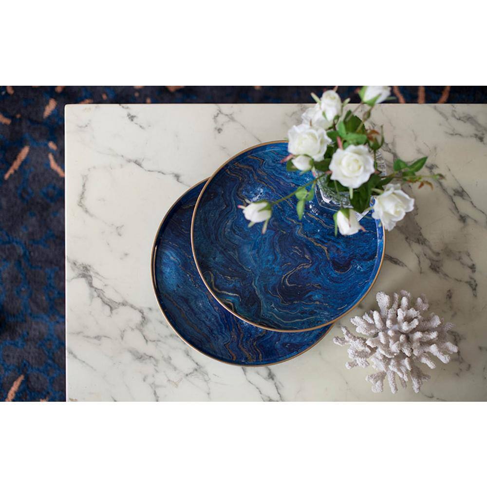 Marbled Blue Round Plastic Serving Trays with Cutout Handles (Set of 2)