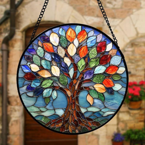 Angel Sar 7.8 in. Stained Glass Sun Catcher, Blue Tree of Life