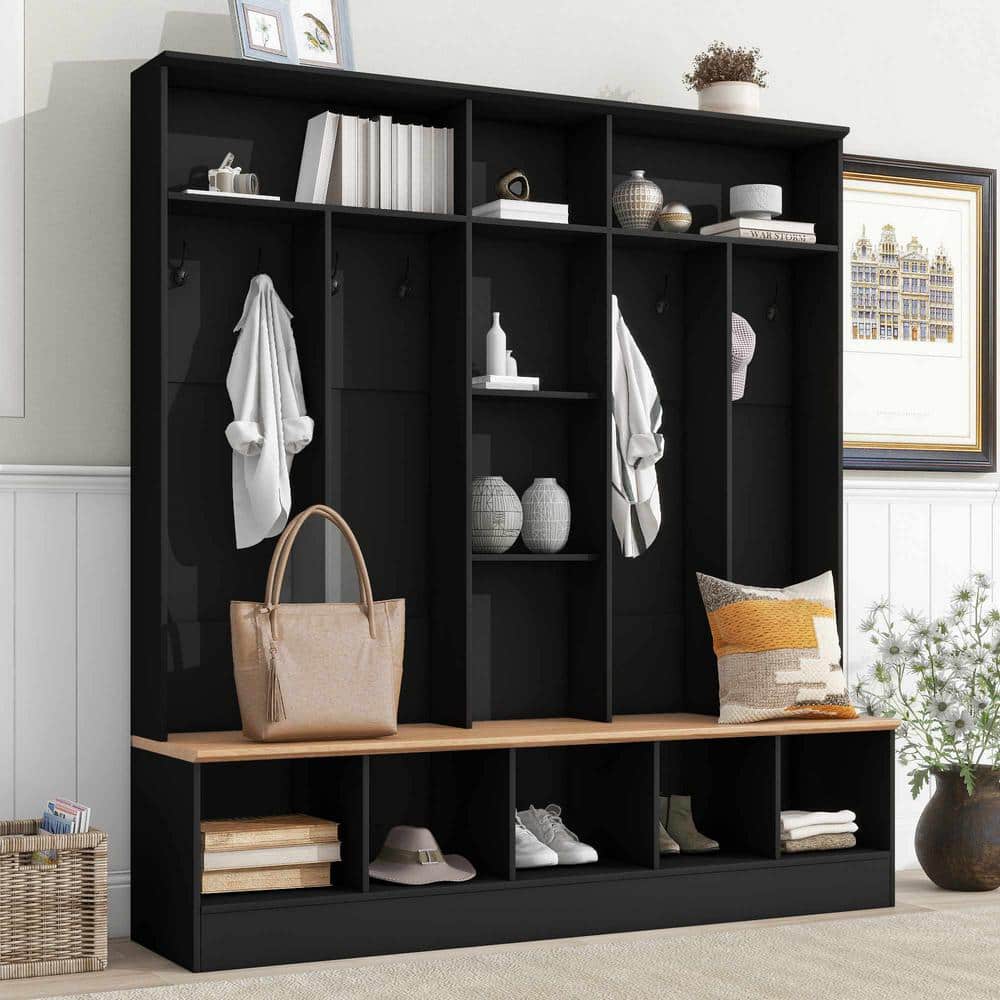 Polibi Wide Hall Tree with Storage Bench, Minimalist Shoe Cabinet