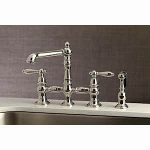 English Country 2-Handle Bridge Kitchen Faucet with Side Sprayer in Polished Nickel