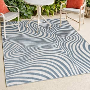 Maribo High-Low Abstract Groovy Striped Dark Blue/Cream 3 ft. x 5 ft. Indoor/Outdoor Area Rug