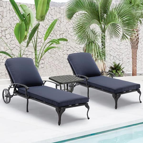 Antique Bronze Reclining Aluminum Outdoor Chaise Lounge Arm Chairs with Table and Navy Blue Cushions
