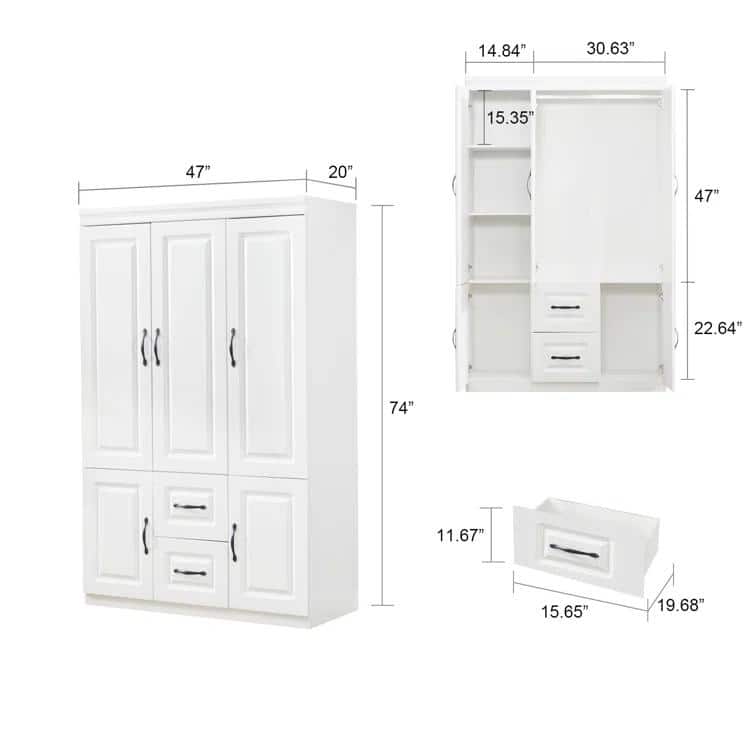 Keloyid White Wood Armoire with Drawers and Shelves