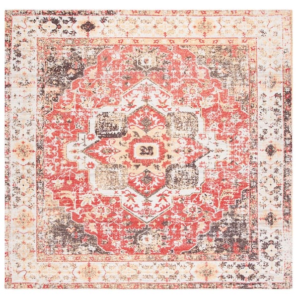 Saffron 6 ft. x 6 ft. Ivory/Red Ornate Distressed Medallion Square Area Rug