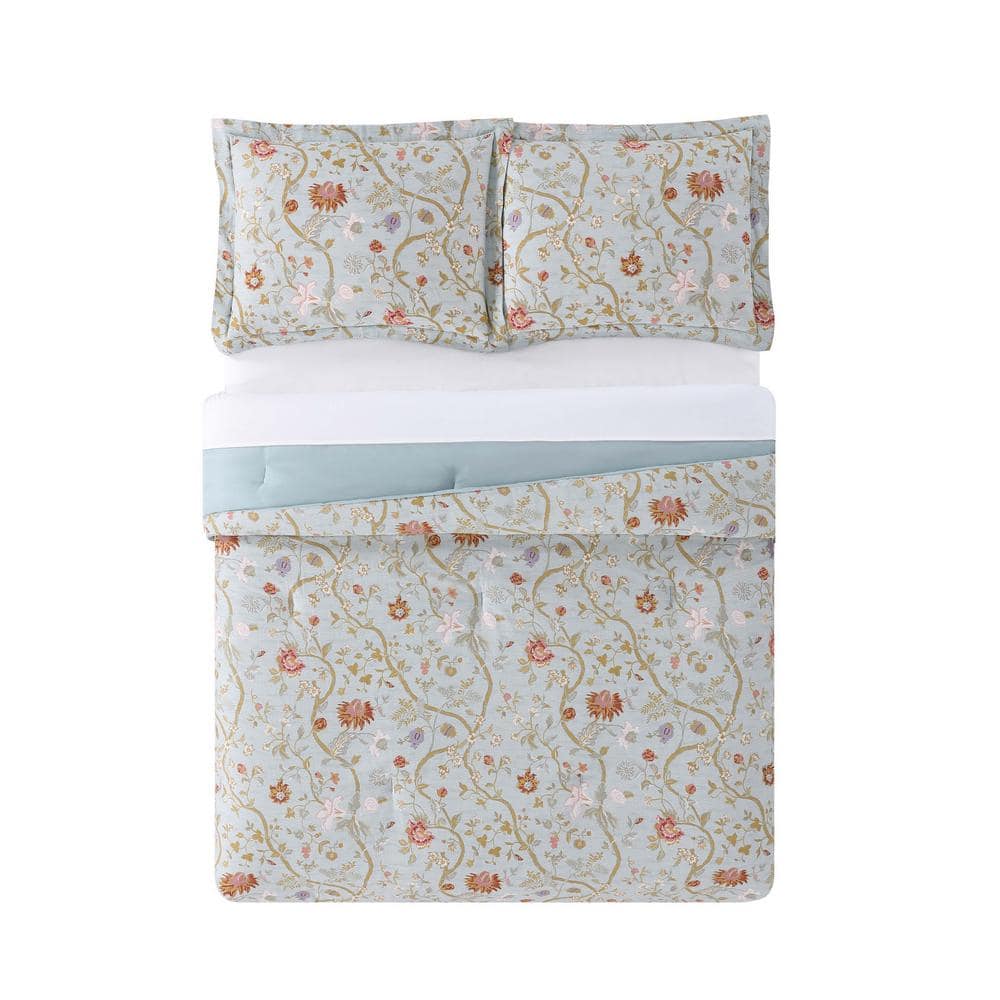 Blue Floral Twin XL Reversible Microfiber Comforter Set