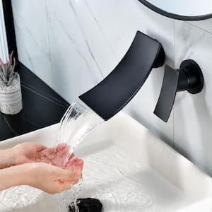 Single Handle Wall Mounted Faucet, Waterfall Wide Spout Bathroom Sink Faucet in Matte Black