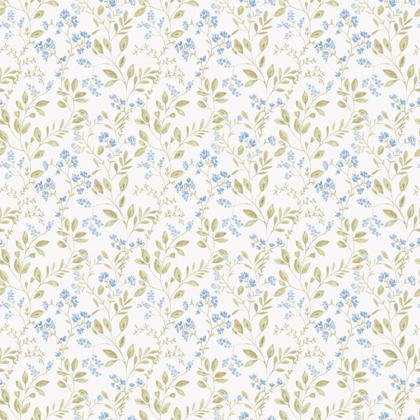 Unbranded Spring Leaf Trail Blue/Green/White Matte Finish Vinyl on Non-Woven Non-Pasted Wallpaper Roll