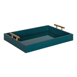 12.25 x 16.50 in Teal Rectangle Decorative Tray with Polished Metal Handles