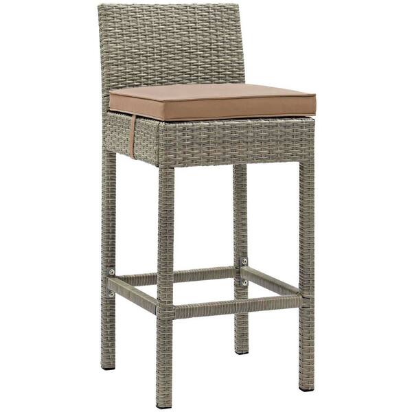 MODWAY Modway Conduit Wicker Rattan Outdoor Patio Bar Stool with Cushion in Light Gray Mocha