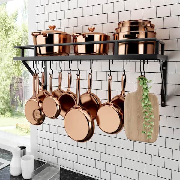 Matte Black 30 in. Wall Mount Rectangular Pot Rack for Kitchen with 12 Hooks
