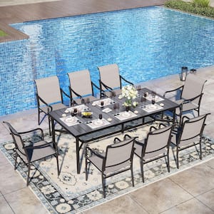Black 9-Piece Metal Patio Outdoor Dining Sets with Extra-large Rectangle Table and Gourd-shaped Design Textilene Chairs