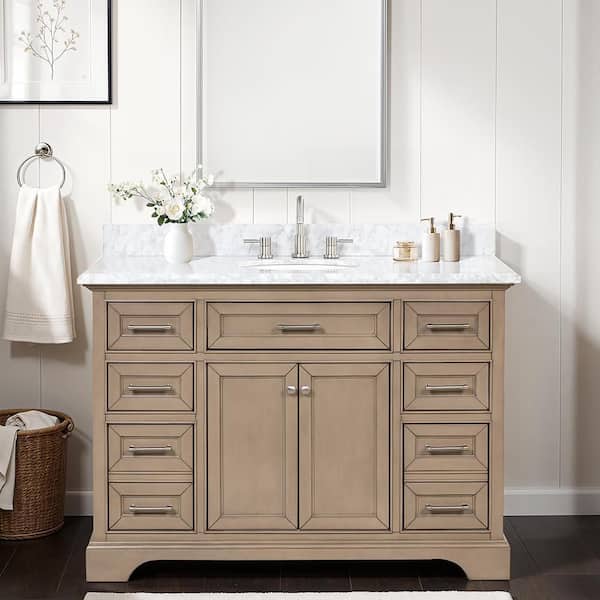 Home Decorators Collection Windlowe 49 in. Single Sink Almond Taupe Bath Vanity with White Carrara Marble Top (Assembled)
