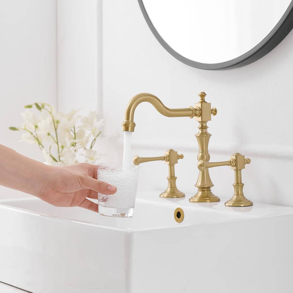 Brushed Gold Antique Brass Double Handle Widespread Bathroom Faucet