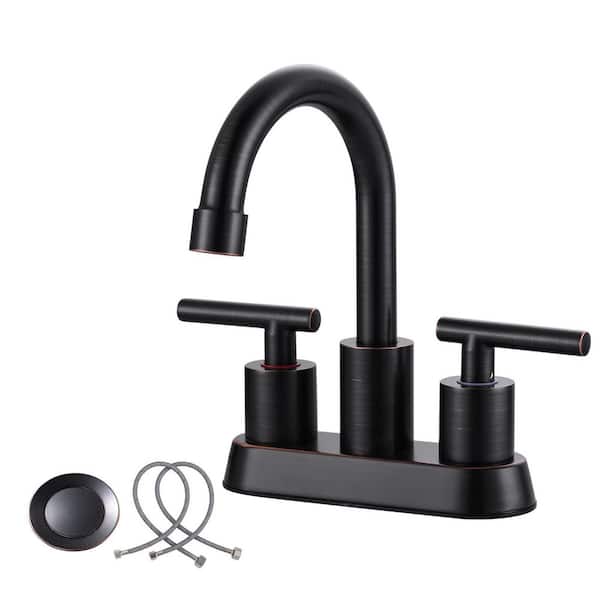 4 in. Centerset Double Handle Stainless Steel Bathroom Faucet with Drain Kit and 2 Water Supply Lines in Bronze