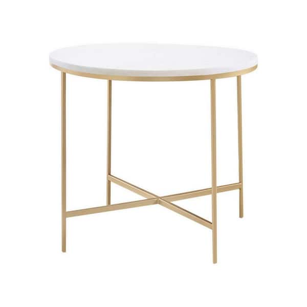 Benjara 22 in. White and Gold Round Marble End Table with X-Shaped Legs