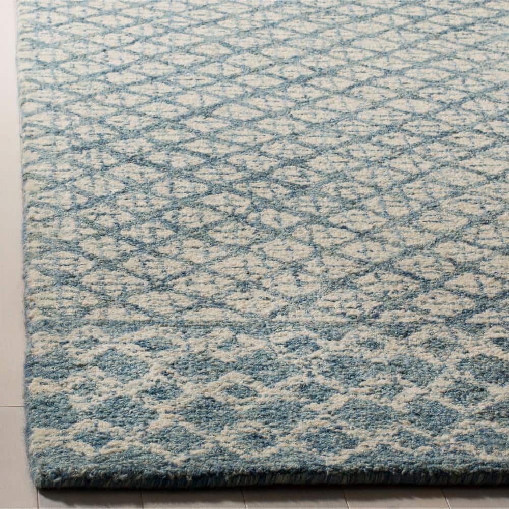 Handmade Tufted Wool Abstract Square Rug - Blue and Ivory, 4' x 4'