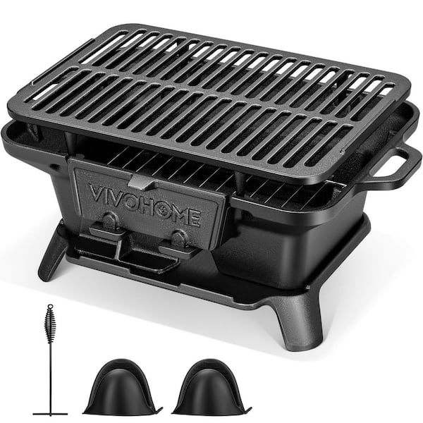 Portable Rectangle Cast Iron Charcoal Grill in Black with Double-Sided Grate for Outdoor Camping