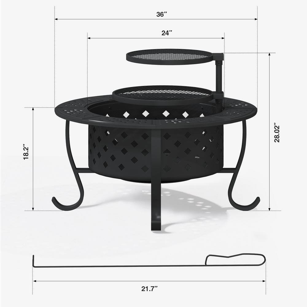 28" Black Round Wood Burning Fire Pit with Double Grill