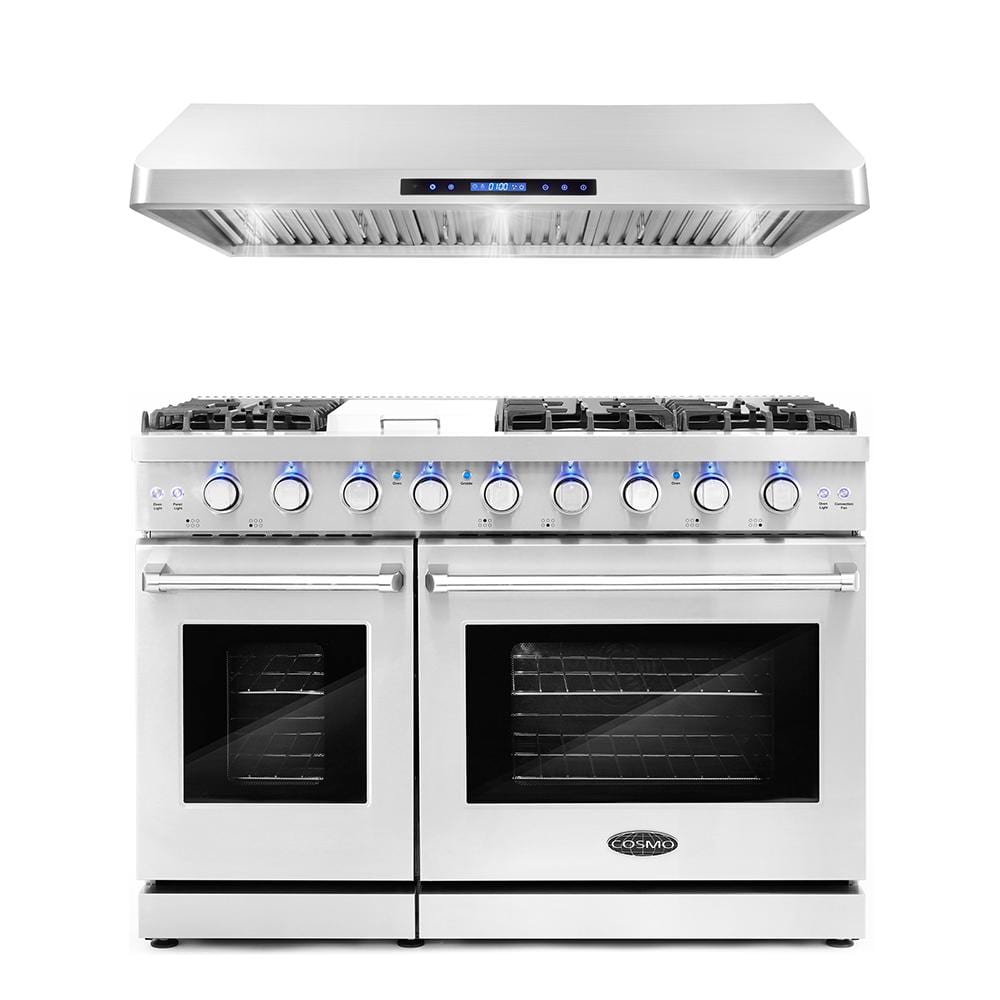 Cosmo 2 Piece Package With 48 In Freestanding Gas Range With 7 Burners   Stainless Steel Cosmo Double Oven Gas Ranges Cos 2pkg 089 64 1000 