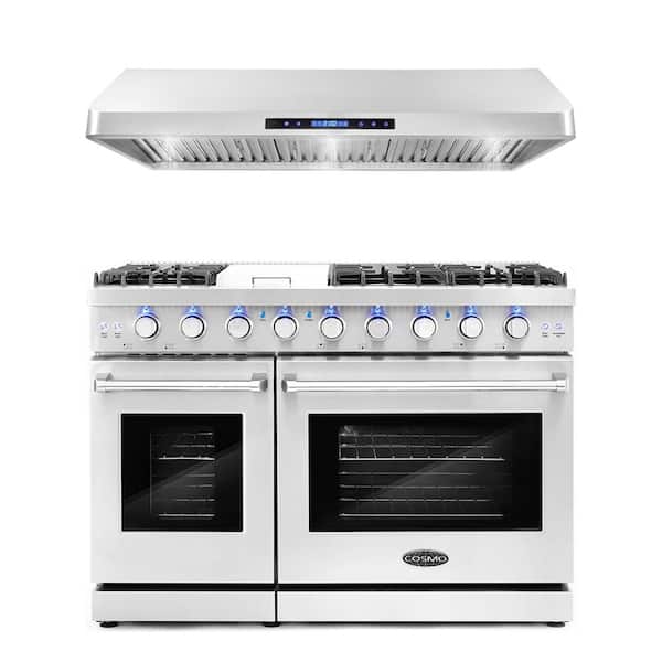 Cosmo 2-Piece Package with 48 in. Freestanding Gas Range with 7-Burners and 48 in. Under Cabinet Range Hood in Stainless Steel